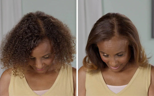 before and after of African American woman using at home keratin treatment