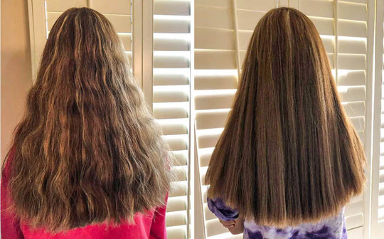 student with long hair before and after using at home keratin treatment