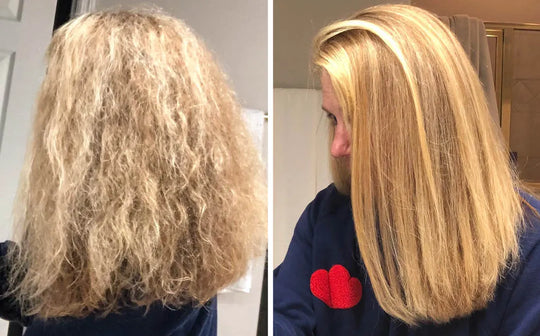 before and after with blonde bulky hair after using at home keratin treatment